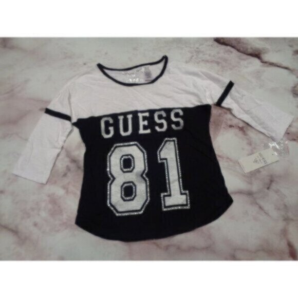 NWT Guess girls large (14) black/white sequin 3/4 sleeve top MSRP $48 - Picture 1 of 4